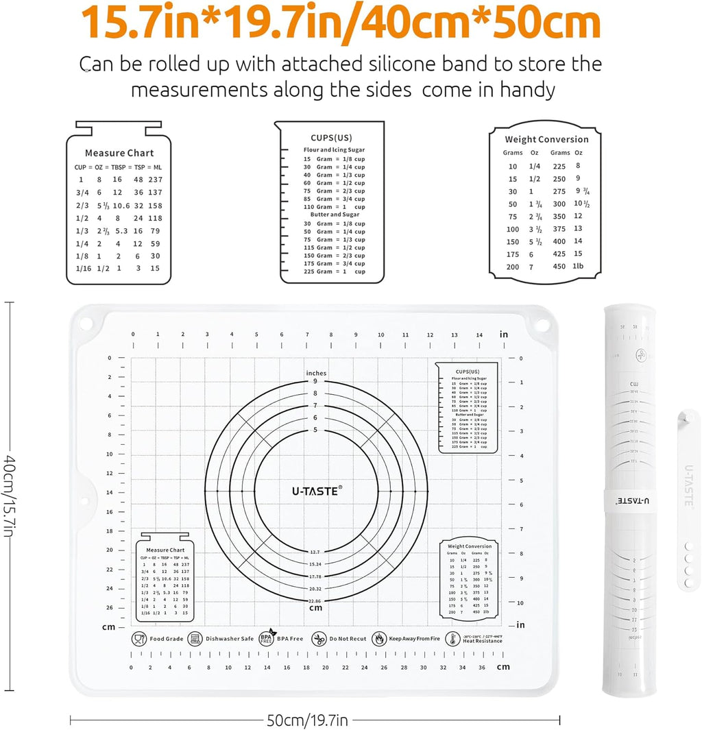 U-Taste Liquid Silicone Pastry Mat: 16"x20" Food-Grade Non-Stick Dough Rolling Baking Sheet, Non Slip for Kneading Prep Pizza, Fondant, Pie Crust with Clear Measurement and Raised Edges (Transparent)