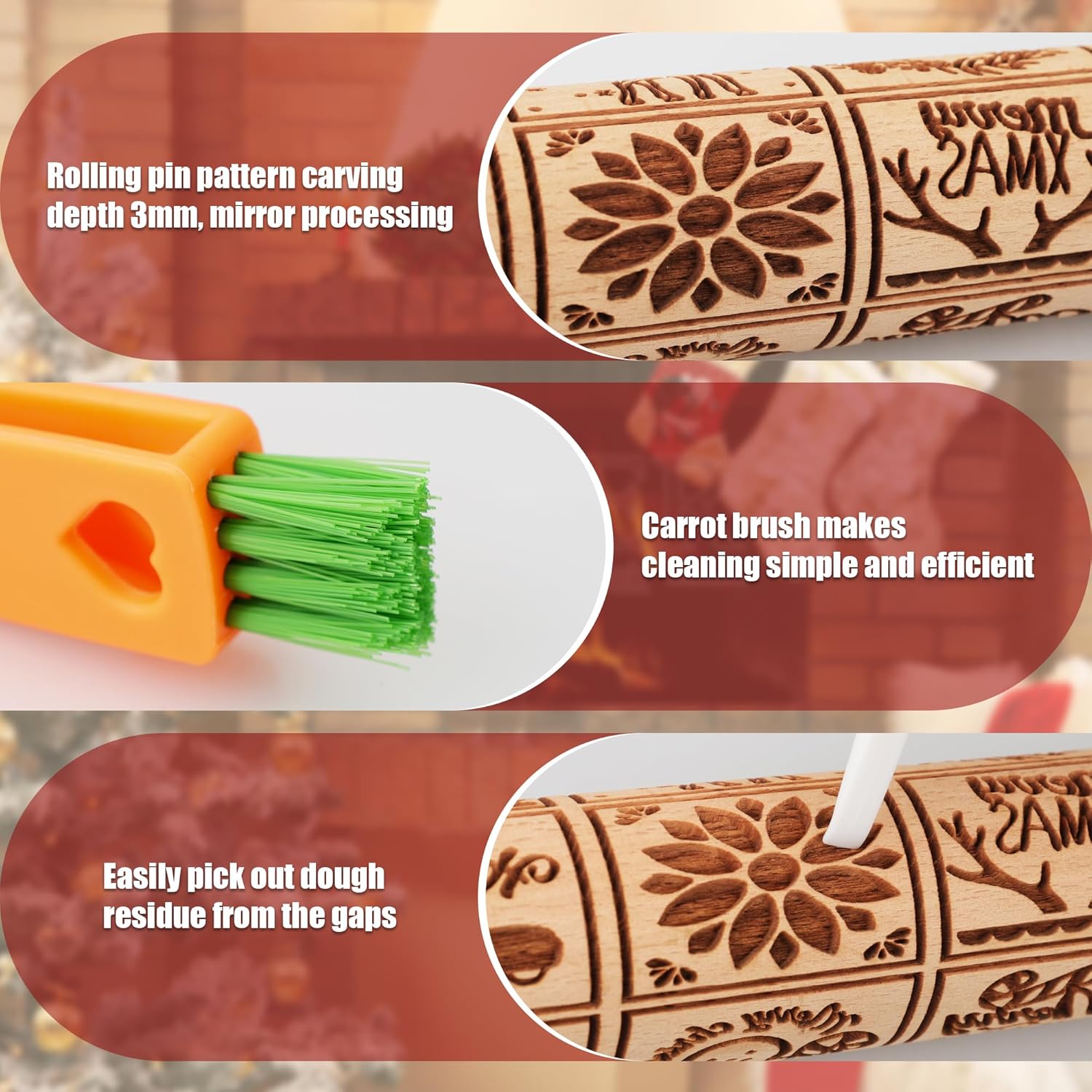 17" Premium Wood Rolling Pin with XMAS Embossed Designs | 3mm Deep Springerle Cookie Molds | Christmas Rolling Pin & Baking Gifts for Women | Includes 3-in-1 Cleaning Brush