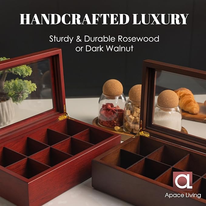 Tea Box - Luxury Wooden Tea Bag Organizer from The Apace Premier Collection - 8 Compartment Tea Storage Chest Container - Elegantly Handmade w/Scratch Resistant Window