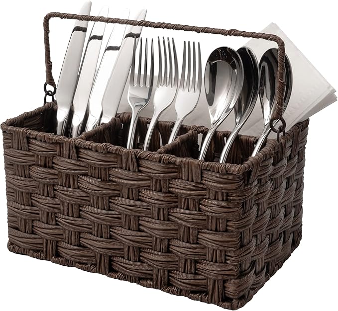 GRANNY SAYS Wicker Utensil Holder Organizer with Handle, Flatware Caddy for Kitchen, Silverware Holder Condiment Organizer, Holds Forks, Knives, Spoons, Napkins and Other Utensils