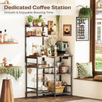 Huuger 31.5 Inch Bakers Rack with Power Outlets, Kitchen Microwave Stand with Storage, Coffee Bar with 4 Hooks, 3-Level Height Open Shelves, Rustic Brown