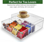 Acrylic Tea Station Organizer for Countertop - Tea Bag Organizer Drawer, Clear Lucite K Cup and Coffee Pod Storage box with 8 Compartments, Tea Caddy Creamer Holder Display Stand
