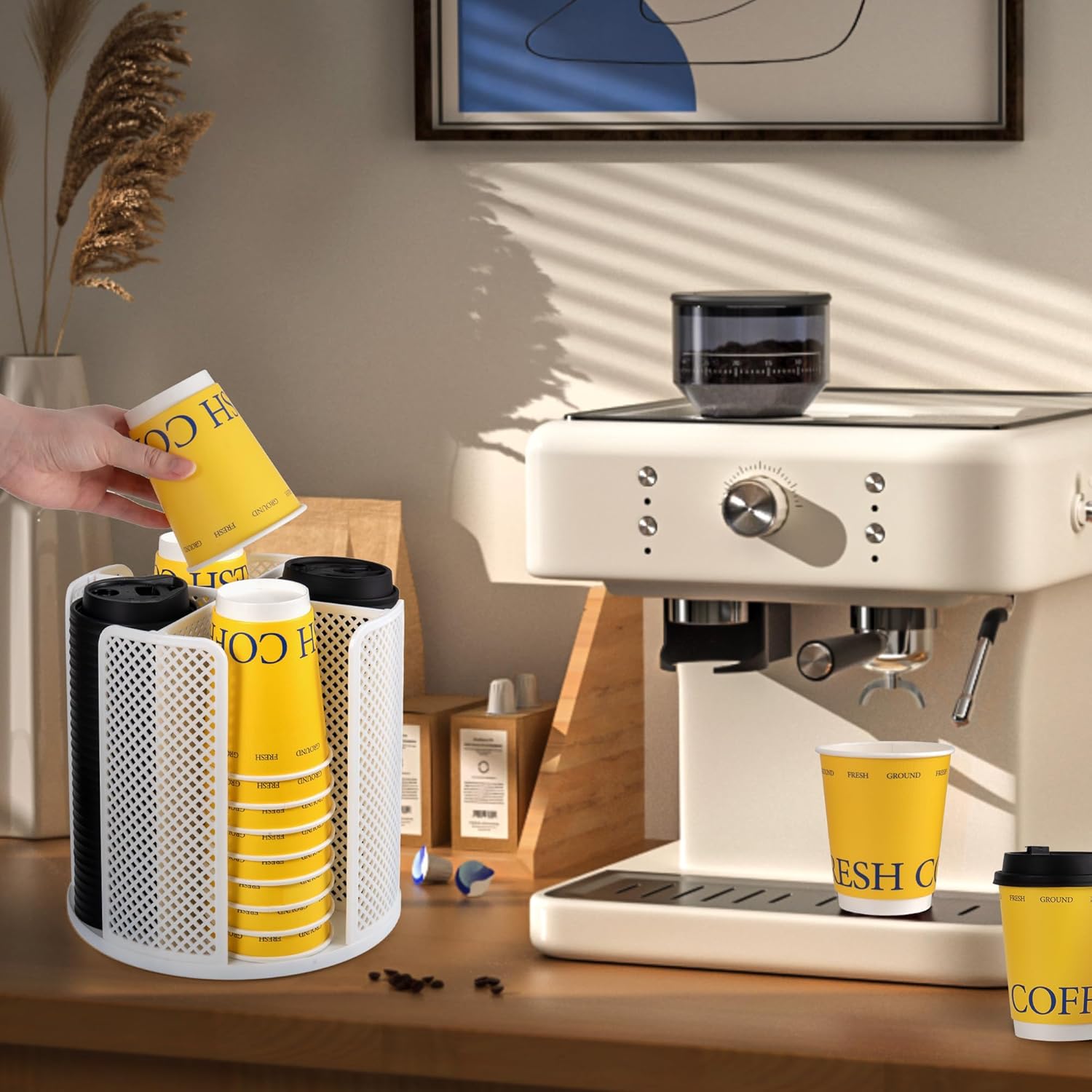 4-Compartment Rotating Paper Cup Holder & Coffee Cup Lid Storage Dispenser, Plastic Cup Dispenser Removable, Space-Saving Countertop Cup Holder for Coffee Bars, Kitchens (White)