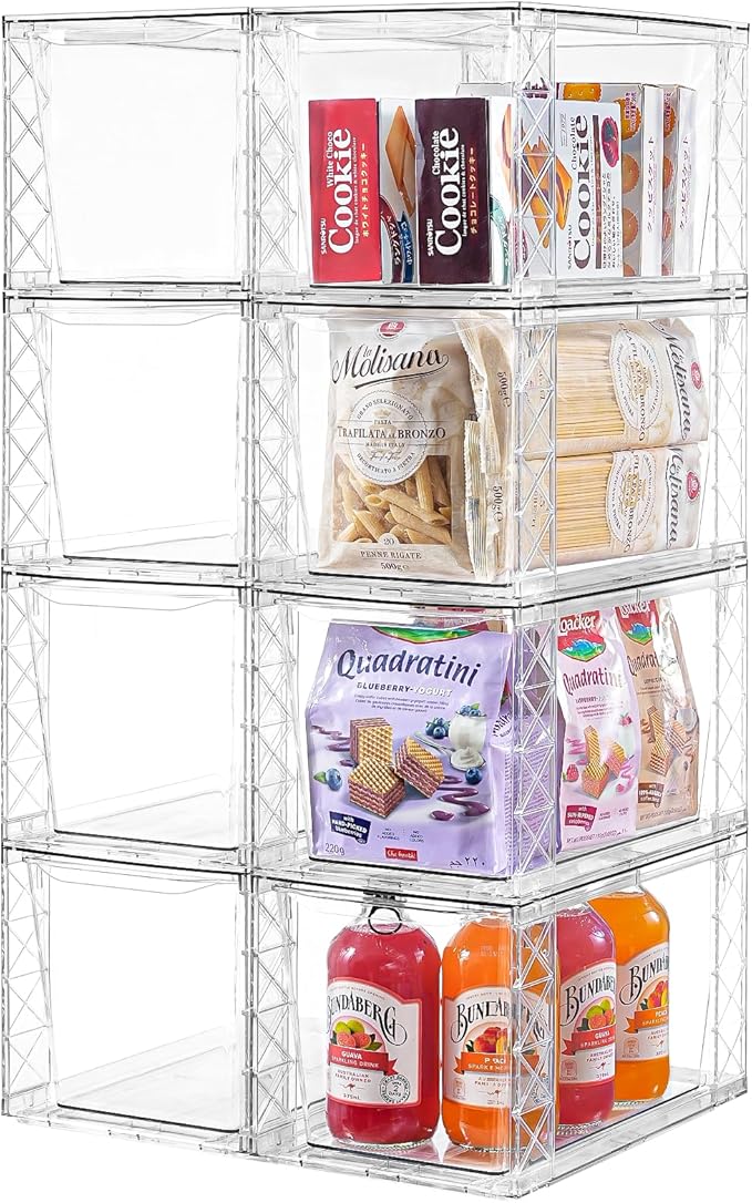 8Pack Stackable Kitchen Storage Organizer, Pantry Organizers and Storage, Clear Foods Organizer Bins with Handles, Easily Assemble for Bathroom, Kitchen, Pantry, Cabinet, Closet