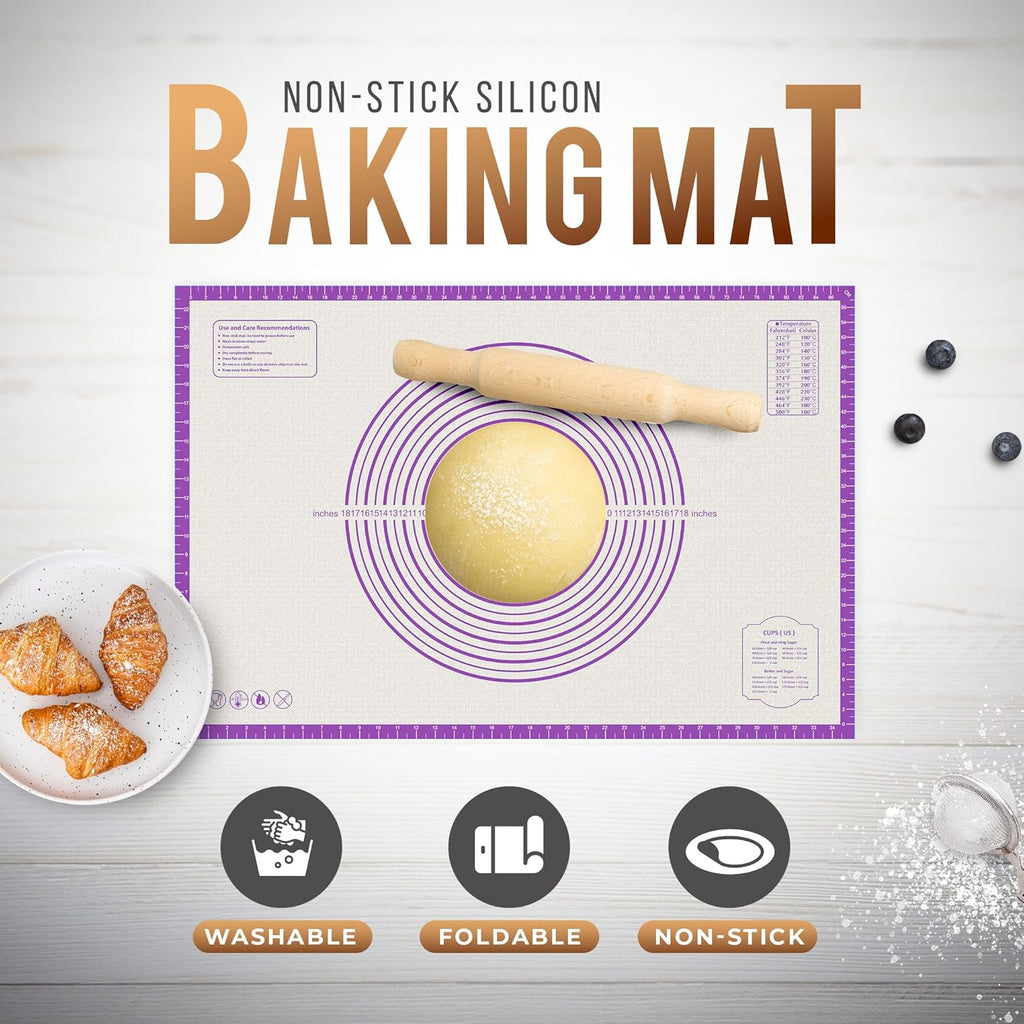 28 * 20 inches purple, non-slip silicone baking sheets - baking mat with 0.7mm thickness - non-stick pastry & cookie mat for kitchen counter for rolling out dough with measurements.