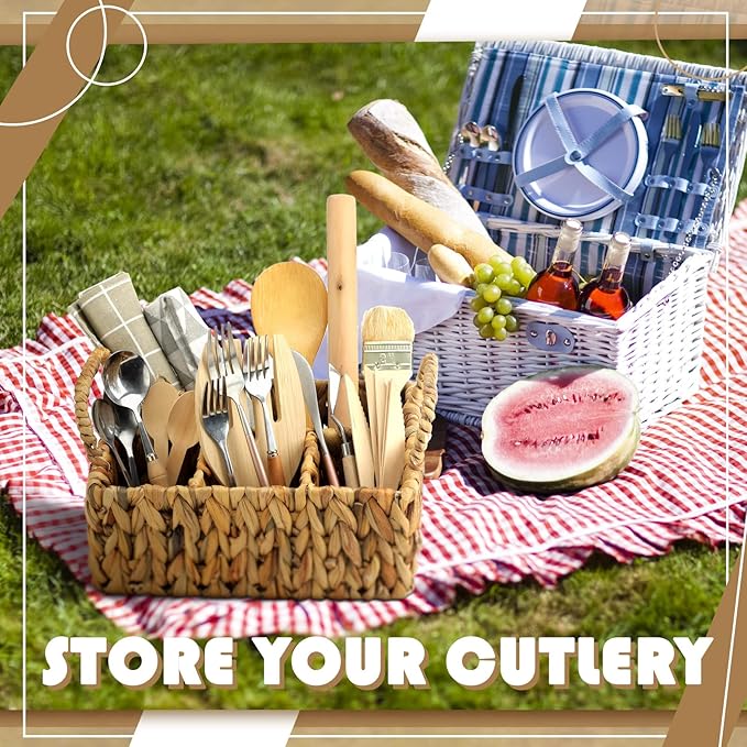 Glenmal Wicker Flatware Storage Basket Utensil Caddy Hand Woven Divided Cutlery Holder Kitchen Utensil Organizer Water Hyacinth Silverware Organizer with Handle for Countertop Party (Rectangular)