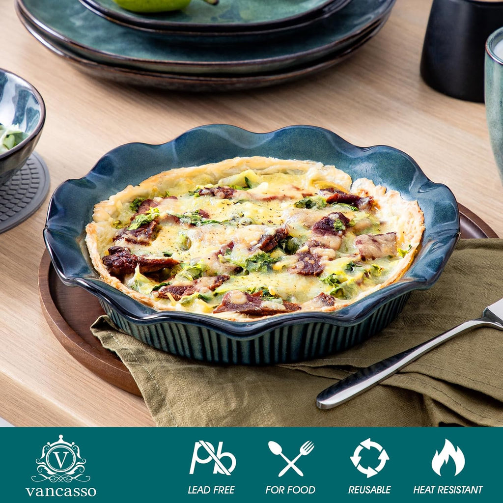vancasso Stern Ceramic Pie Pan for Baking, 9 Inch Pie Plates with Ruffled Edge, Deep Dish Pie Pan for Apple Pie and Quiche, Large Pot Pie Baking Dishes, Thanksgiving Gifts - Green