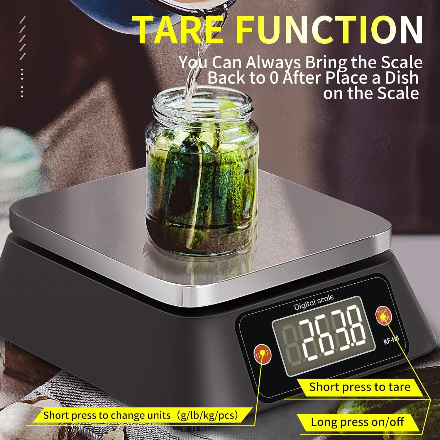 Kitchen Scales Digital Weight Grams and Ounces, YONCON KF-H8U Food Scale for Bakers, Candle and Soap Making, Baking Scale with Stainless Steel Large Platform, 22lb, 3*AA Batteries and AC Power Adapter