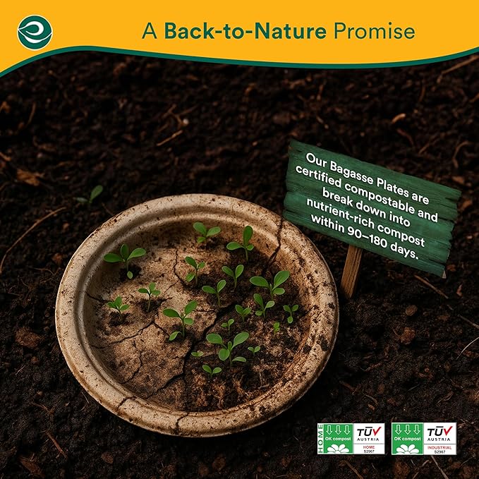 ECO SOUL Compostable 9 Inch(200-Pack) Biodegradable Heavy-Duty Disposable Eco-Friendly Paper Plates for Christmas Dinner & Parties, Wedding, Event