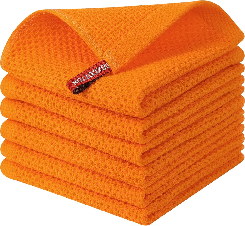 Kitinjoy 100% Cotton Kitchen Dish Cloths, 6 Pack Waffle Weave Ultra Soft Absorbent Dish Towels for Drying Dishes Quick Drying Kitchen Towels Dish Rags, 12 X 12 Inches, Orange