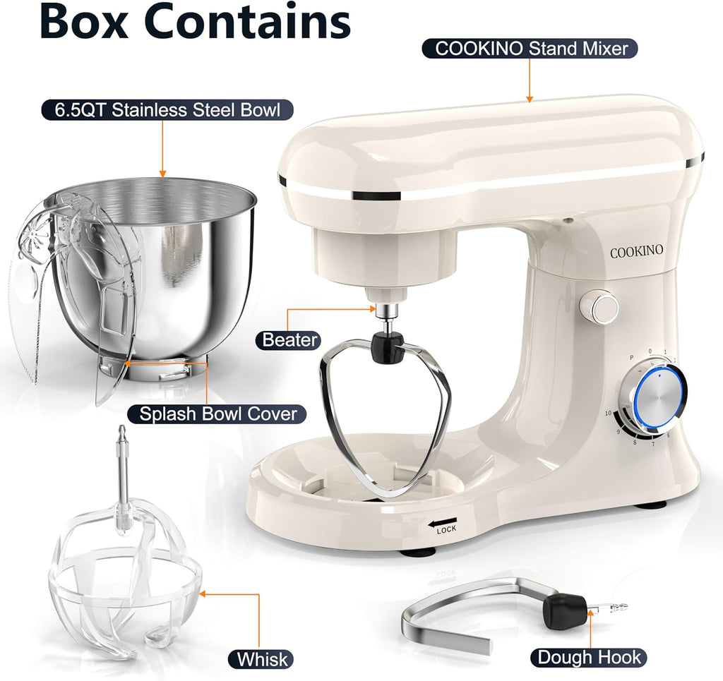 Electric Stand Mixer,10 Speeds Tilt-Head Food Mixer, 3-IN-1 Kitchen Mixer for Daily Cooks with 6.5 QT Bowl,Dough Hook, Beater, Whisk (Almond Cream)