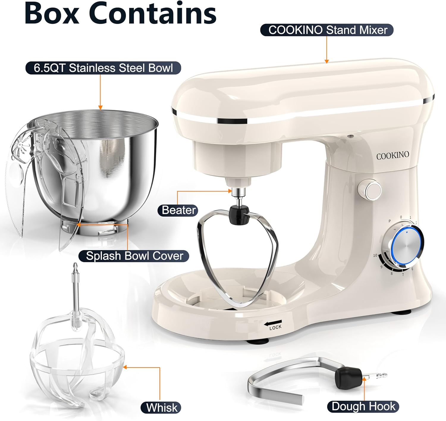 Electric Stand Mixer,10 Speeds Tilt-Head Food Mixer, 3-IN-1 Kitchen Mixer for Daily Cooks with 6.5 QT Bowl,Dough Hook, Beater, Whisk (Almond Cream)