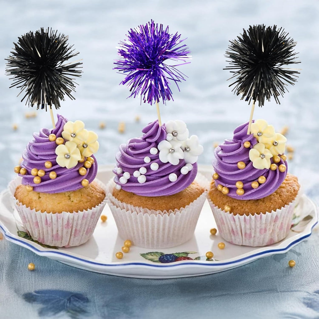 Ephlyn 30Pcs Foil Firework Cupcake Toppers Sparkle Tinsel Cupcake Picks Happy Birthday Cake Decorations Drink Stirrers Cocktail Food Toothpicks for Baby Shower Graduation Party Supplies Black Purple