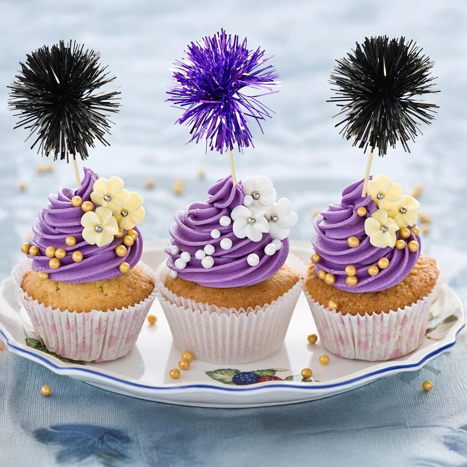 Ephlyn 30Pcs Foil Firework Cupcake Toppers Sparkle Tinsel Cupcake Picks Happy Birthday Cake Decorations Drink Stirrers Cocktail Food Toothpicks for Baby Shower Graduation Party Supplies Black Purple
