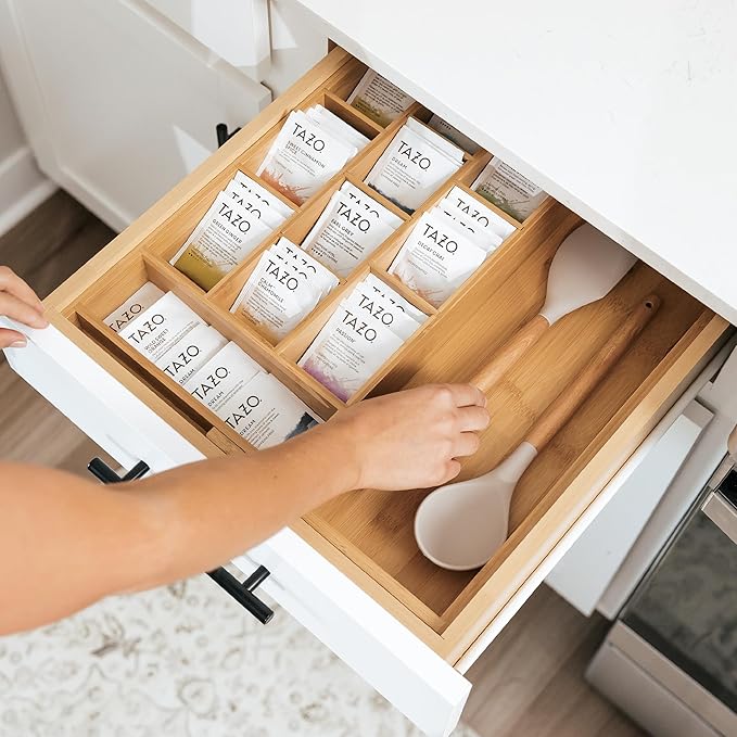 KitchenEdge Tea Bag and Coffee Pod Kitchen Drawer Organizer, Expandable 9.7 to 17 Inches, 10 Accessory Compartments with Adjustable Wall Inserts, Non-Slip Rubber Feet, 100% Sustainable Bamboo Wood