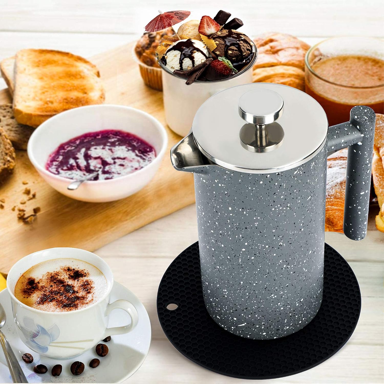 French Press Coffee Maker 34oz with Double-Insulated Stainless Steel Large Metal Coffee Press with 3 Layer Filtration System for Ultimate Coffee Tea Brewing in Travel Camping or Home