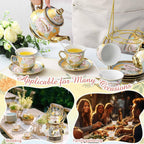 Zhehao 20 Pcs Porcelain Tea Set with Metal Holder and Spoon Adult Ceramic Tea Party Set European Flower Painting Teapot Cup Saucer Spoon Set for Women, Large Version(Classic Style)