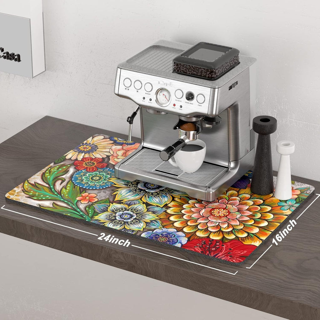 Rnivvi Coffee Mat, 16" x 24" Cute Flower Theme Coffee Bar Mats for Espresso Machine Station Accessories and Organizer, Hide Stain Rubber Backed Absorbent Dish Drying Pad for Kitchen Counter, Mandala