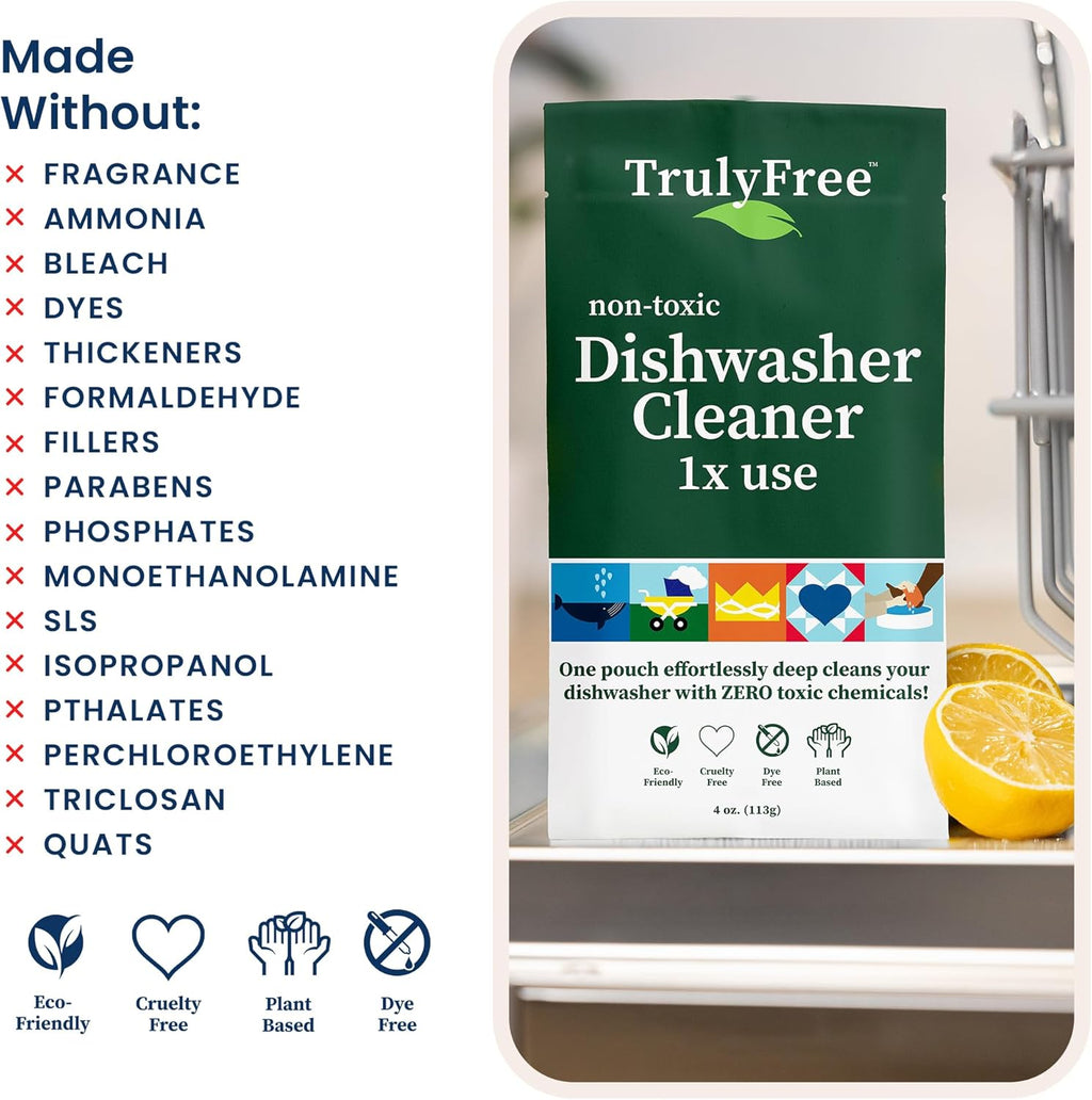 Natural Dishwasher Cleaner - Dish Washer Machine Descaler, Fights Grease & Limescale, Hard Water Stain Remover, Smell Eliminator for Clean Dishwashers - Lemon Fresh Scent, 4 oz (Pack of 1)