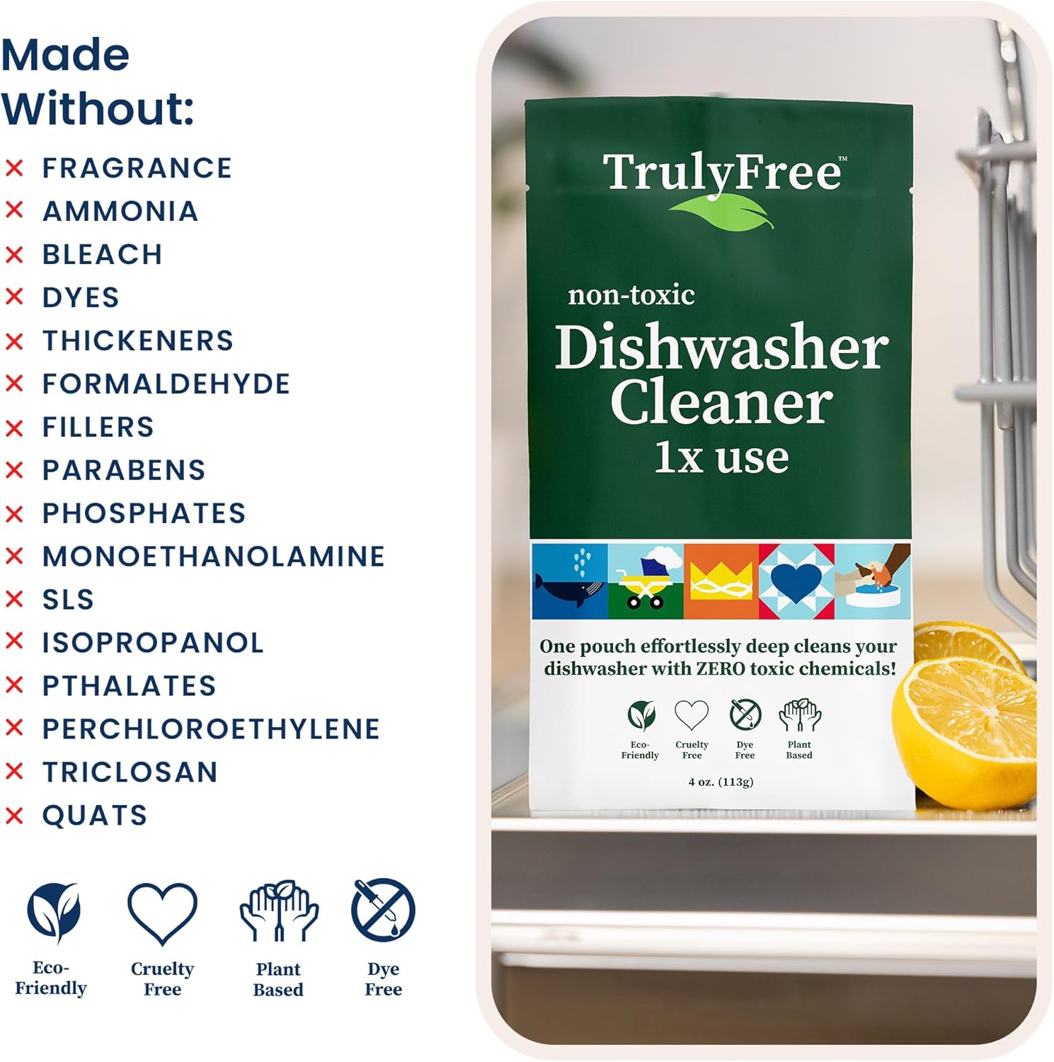 Natural Dishwasher Cleaner - Dish Washer Machine Descaler, Fights Grease & Limescale, Hard Water Stain Remover, Smell Eliminator for Clean Dishwashers - Lemon Fresh Scent, 4 oz (Pack of 1)