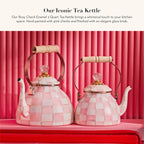MACKENZIE-CHILDS Enamel Tea Kettle, Stylish Tea Kettle for Stovetop, Pink-and-White Rosy Check, 2 Quarts