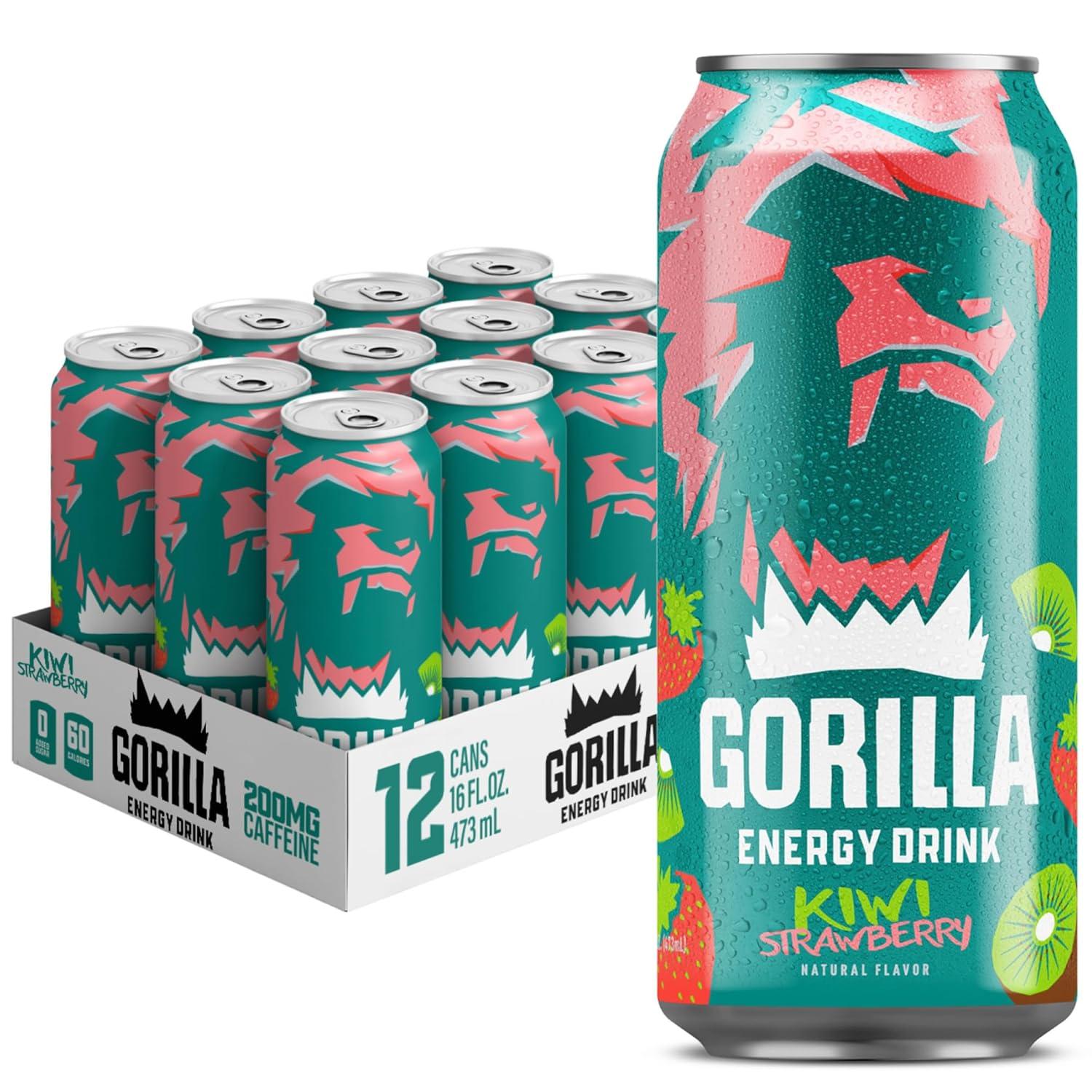 Gorilla Energy Drink, Kiwi Strawberry, 200mg Natural Caffeine, Real Fruit Juice Squeezed & Concentrated, L-Theanine, Taurine, Ginseng, Acetyl L-Carnitine, No Added Sugar and No Artificial Colors, 12 Pack