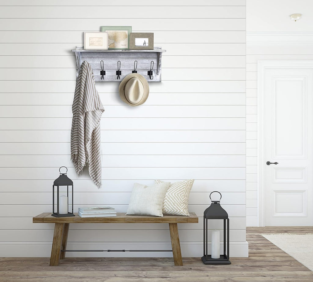 HBCY Creations Rustic Wall Mounted Coat Rack with Shelf - Solid Wood 24" Entryway Shelf with 5 Coat Hangers. Perfect Touch for Your Entryway, Mudroom, Kitchen, Bathroom and More, Whitewash