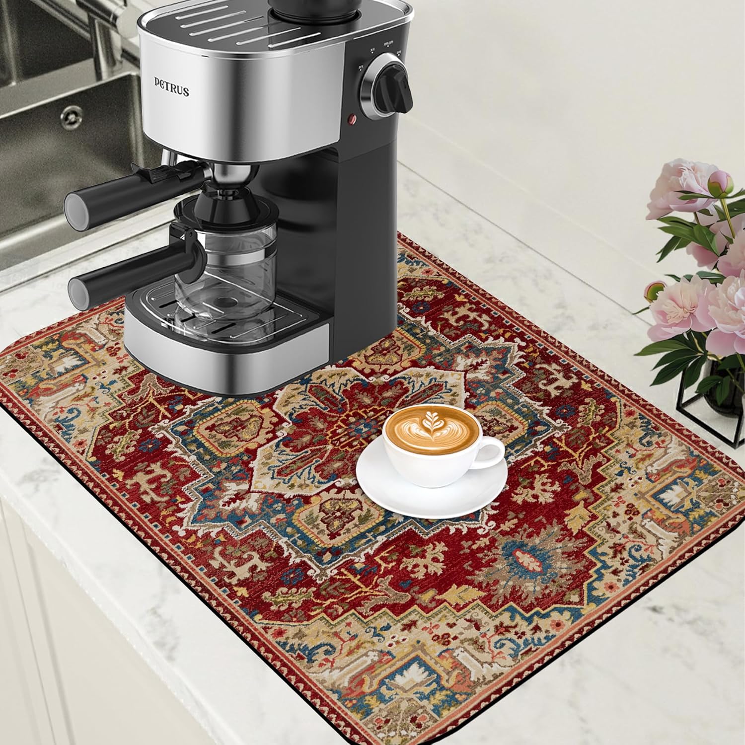 Boho Dish Drying Mat Persian Tribal Coffee Bar Mat for Countertop Absorbent Rubber Backed Hide Stain Dish Drainer Rack Pad Espresso Machine Coffee Pot Dining Room Decoration 15.7 x 23.6 Inch