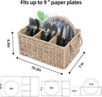 Wicker Party Silverware Caddy, Seagrass Plastic Cutlery Utensil Holder, Hand Woven with Handles, Kitchen Countertop and Picnic flatware Organizer (4 compartments)