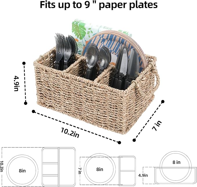 Wicker Party Silverware Caddy, Seagrass Plastic Cutlery Utensil Holder, Hand Woven with Handles, Kitchen Countertop and Picnic flatware Organizer (4 compartments)