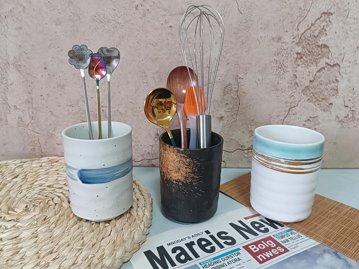 Stoneware Coffee Bar Utensil Holder Tea & Coffee Spoon & Stirrer Holder for Stir Stick Straw Teaspoon Holder Spoon Cup Small Utensil Jar (Blue feather)