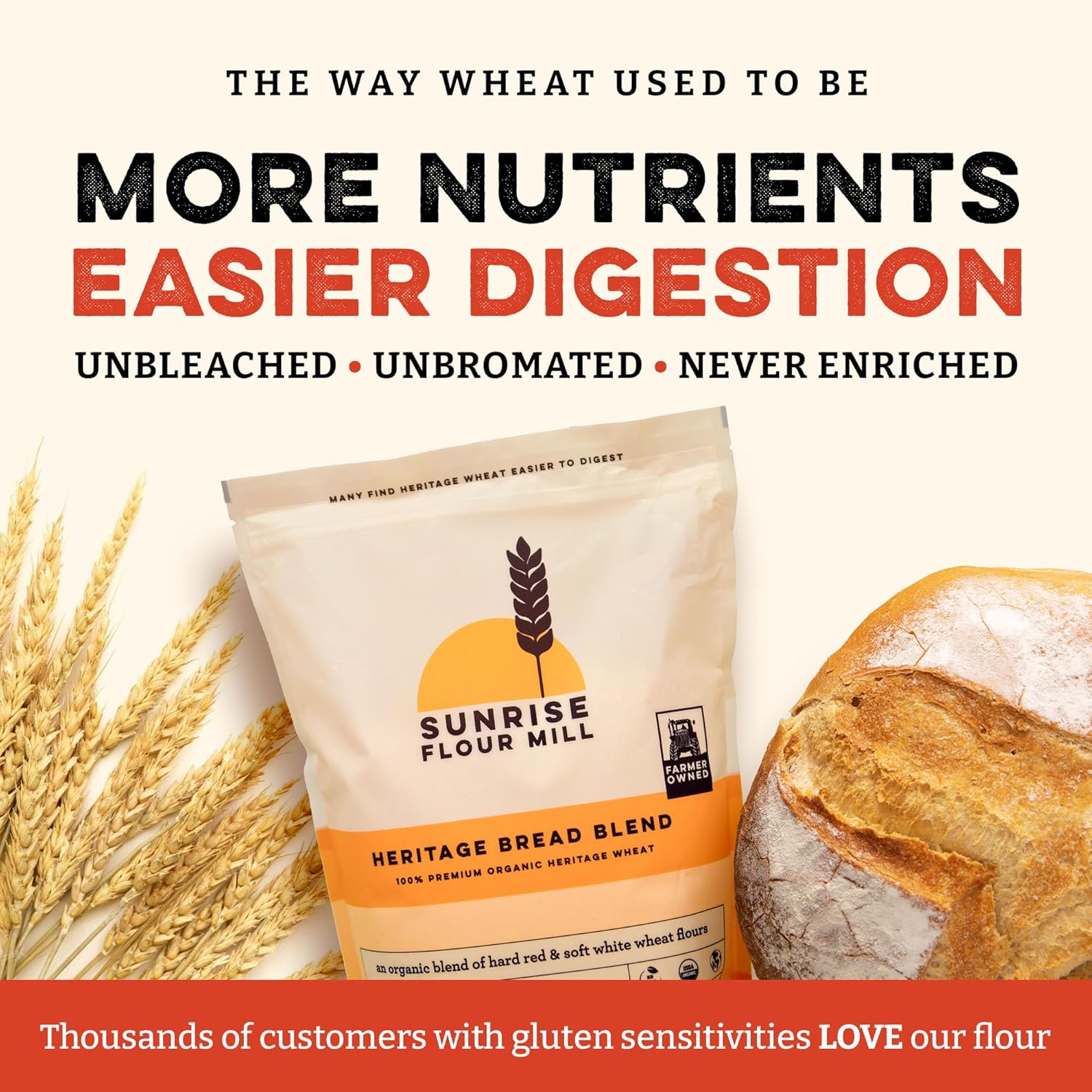 Sunrise Flour Mill Heritage Organic Bread Flour Blend - 5 lbs | Organic Unbleached Bread Flour Easy to Digest with Less Bloating | High Protein, Superior Baking | Smooth, Nutty Flavor