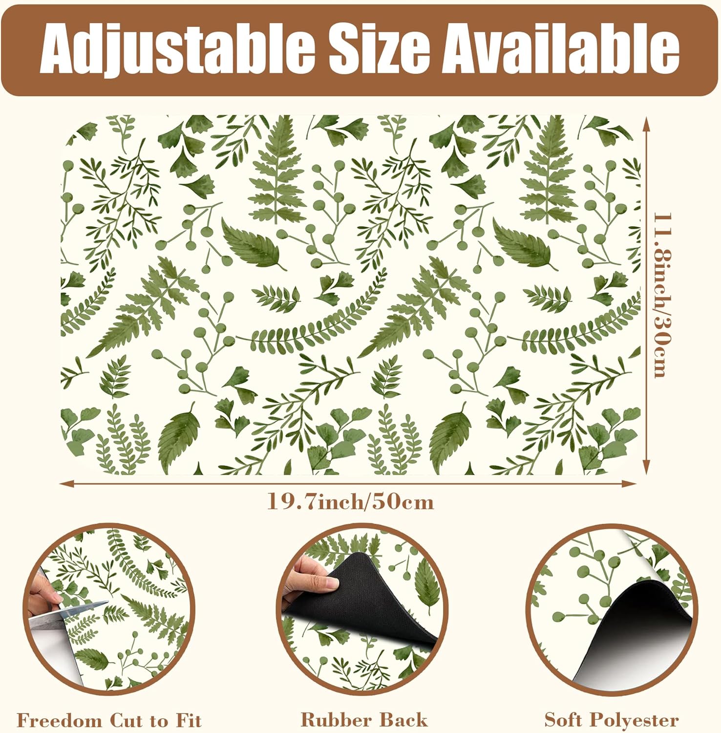 Green Leaf Coffee Mat Herb Dish Drying Mat for Kitchen Counter Hide Stain Rubber Backed Absorbent Coffee Bar Accessories Fit Under Espresso Machine Cafe Table, 11.8 x 19.7 Inch