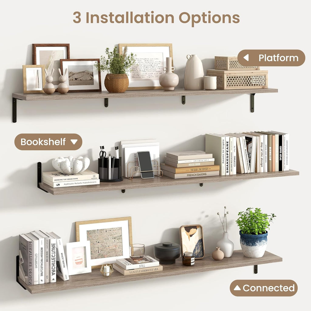 Fun Memories Deep Floating Shelves, 55W x 8D Floating Shelves Set of 2, Wall Mounted Shelf with Metal Brackets, Rustic Wood Wall Shelf for Bathroom, Kitchen and Living Room, Grey