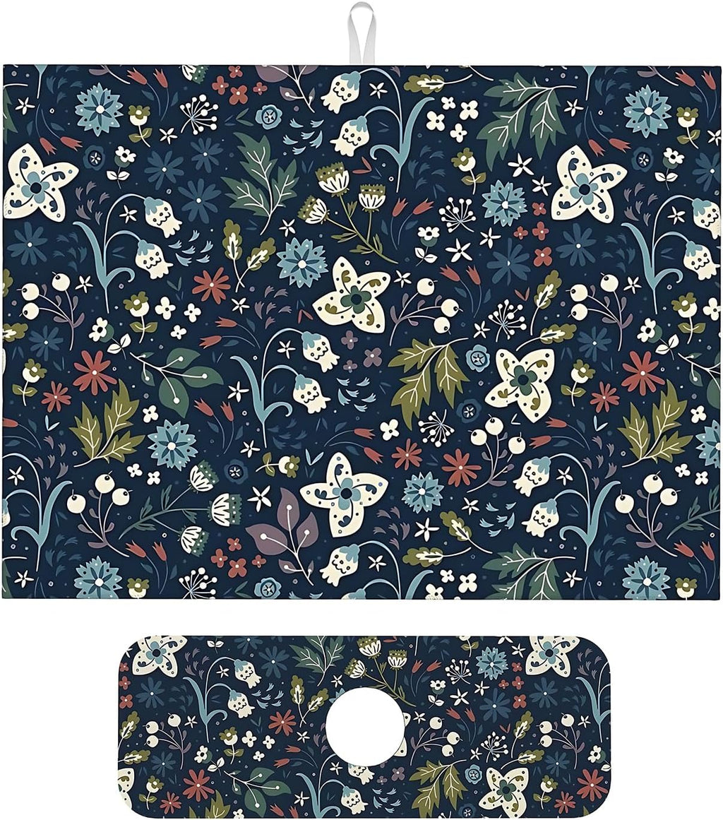 2Pcs Dish Drying Mats Faucet Mats Sets Large Size Coffee Mats Sink Faucet Mat Splash Guard for Kitchen Counter Bathroom Sink Coffee Bar Kitchen Decor (Cute Wildflowers, 18"x24" 15" x 5.5"Set)