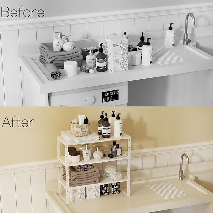 Heavy-Duty Adjustable Metal Shelf Organizer - Expandable & Stackable Pantry Storage Rack for Kitchen, Bathroom, RV, Cabinets(2 Packs/White, Medium)