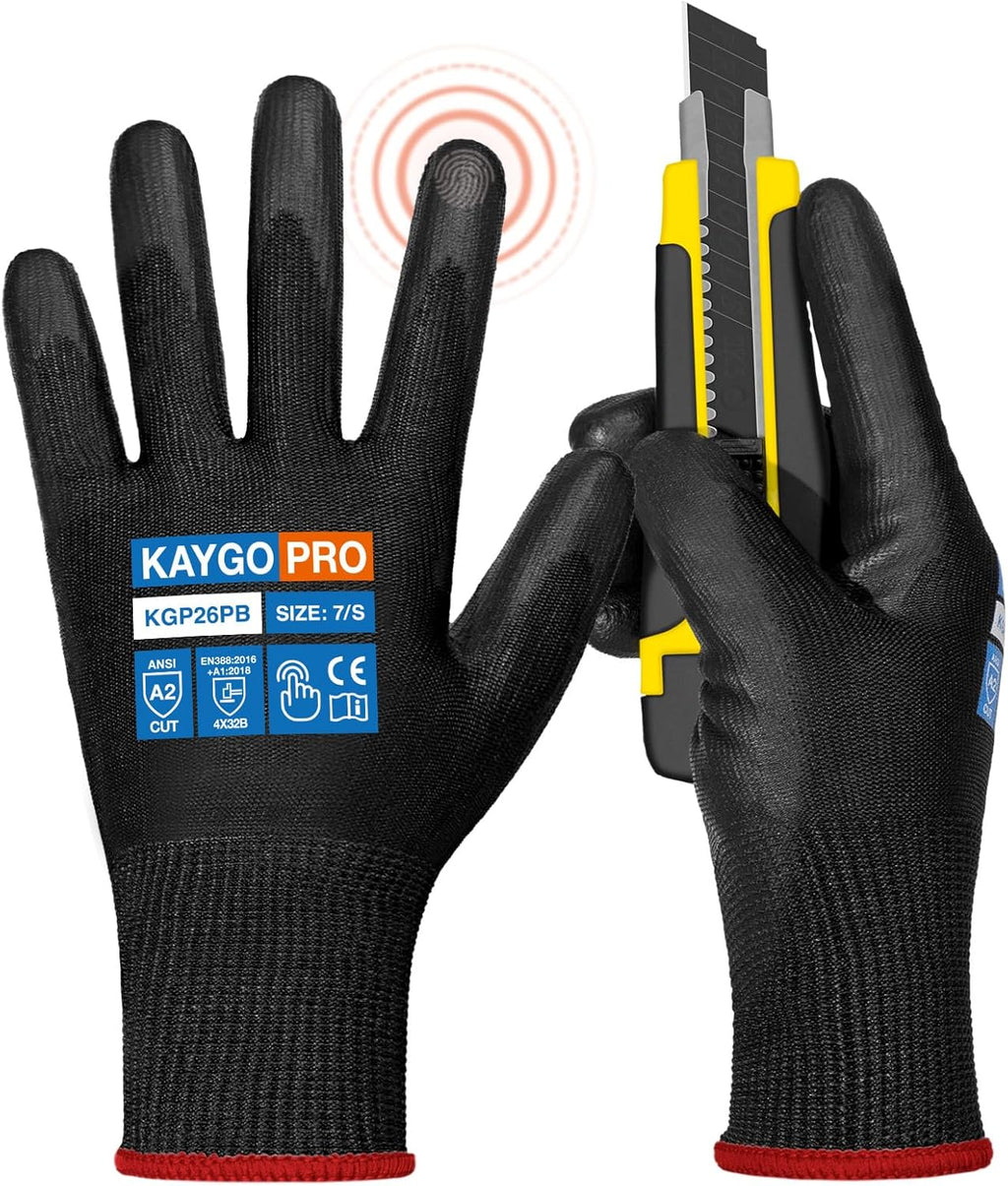 KAYGO Cut Resistant Gloves PU Coated, 12 Pairs Safety Work Gloves with full fingers Touchscreen, ANSI Cut Level A2, for Men and Women, Ideal for General Duty Work KG11P, Black,S