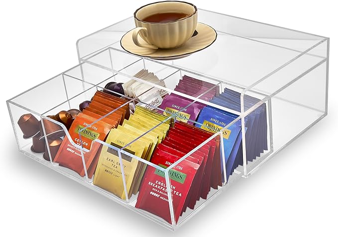 Acrylic Tea Station Organizer for Countertop - Tea Bag Organizer Drawer, Clear Lucite K Cup and Coffee Pod Storage box with 8 Compartments, Tea Caddy Creamer Holder Display Stand