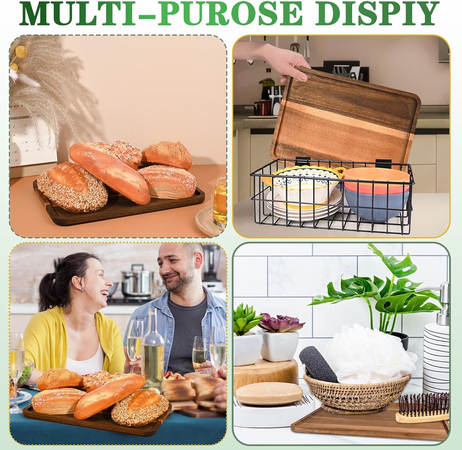 2 Pcs Acacia Wood Serving Tray, Charcuterie Boards Rectangular Wooden Platter, Large Serving Tray Wood Kitchen Display Tray for Food, Cookie, Dessert, Fruit, Snack, Vegetable, 13" x 9" x 0.6"