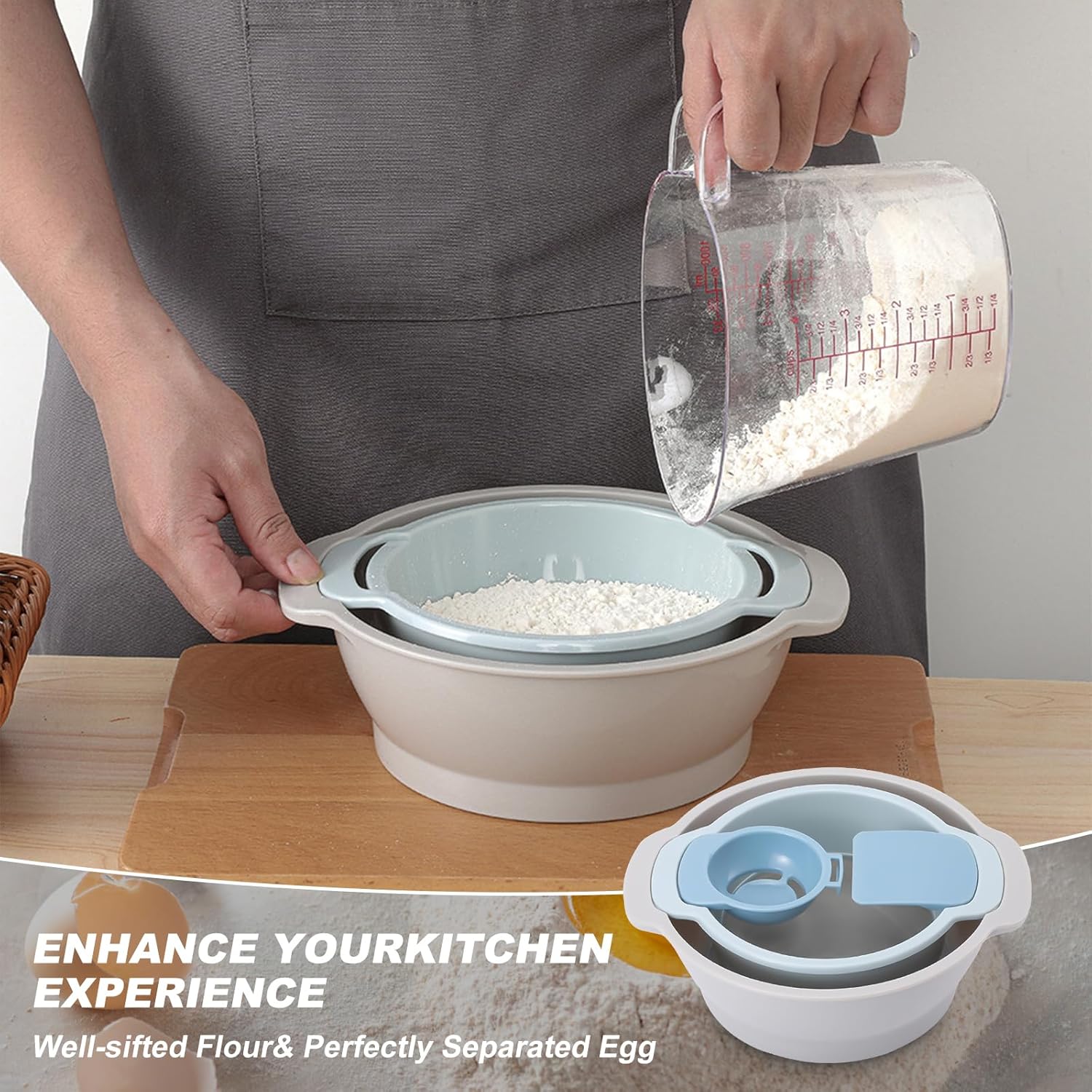 Multifunctional Flour Sifter for Baking, Egg Separator, Mixing Bowl & Scraper, 4-in-1 Baking Tool Set for Pastry & Cupcakes, Send Goods from Local Warehouse