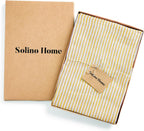 Solino Home 100% Pure Linen Apron for Women & Men - Spicy Mustard and White Stripe Full Midi Bib Apron, Adjustable Neck Strap with Center Pockets for Kitchen, Chef - Handcrafted from European Flax