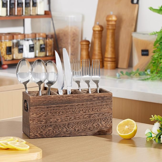 Wooden Silverware Holder,Kitchen Utensil Caddy with 3 Compartments,Cutlery Storage Organizer Countertop,Flatware Organizer for Party,Spoon, Fork Holder