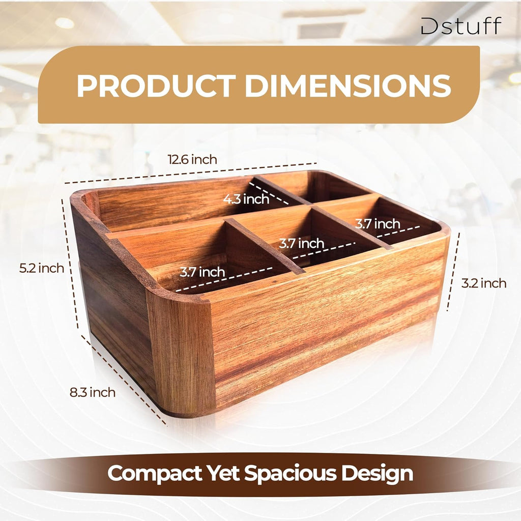 Dstuff Acacia Wood Coffee Station Organizer for Countertop, Tea Organizer and Holder, Coffee Bar Caddy with Multiple Compartments for Home and Office Decor