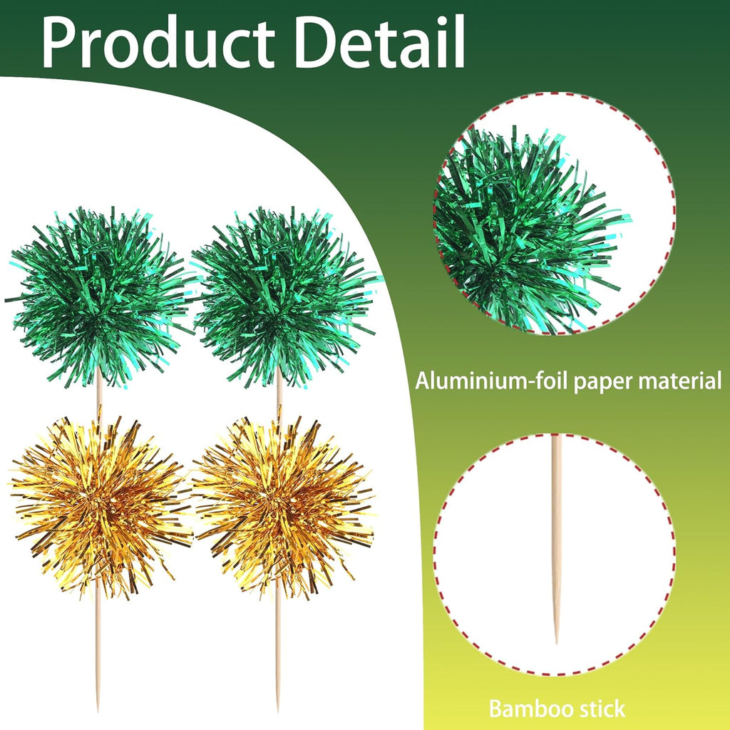 40 PCS Foil Firework Cupcake Toppers Fireworks Cupcake Picks Sparkle Tinsel Cake Decorations Cocktail Fruit Toothpick for Firework Theme Birthday Wedding Graduation Party Decor Supplies Gold Green