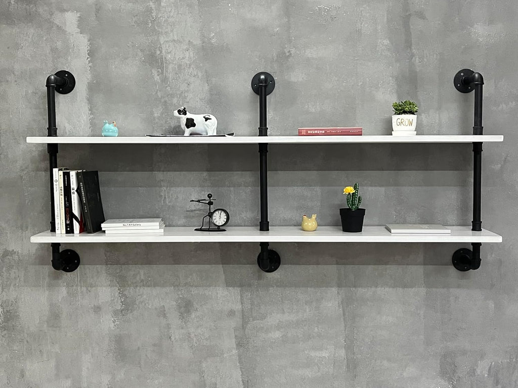 Industrial Pipe Shelving Rustic White Pipe Wall Shelves Industrial Shelves with Wood Planks Floating Shelves 60 Inch Farmhouse Bathroom,Kitchen Shelving Wall Mounted