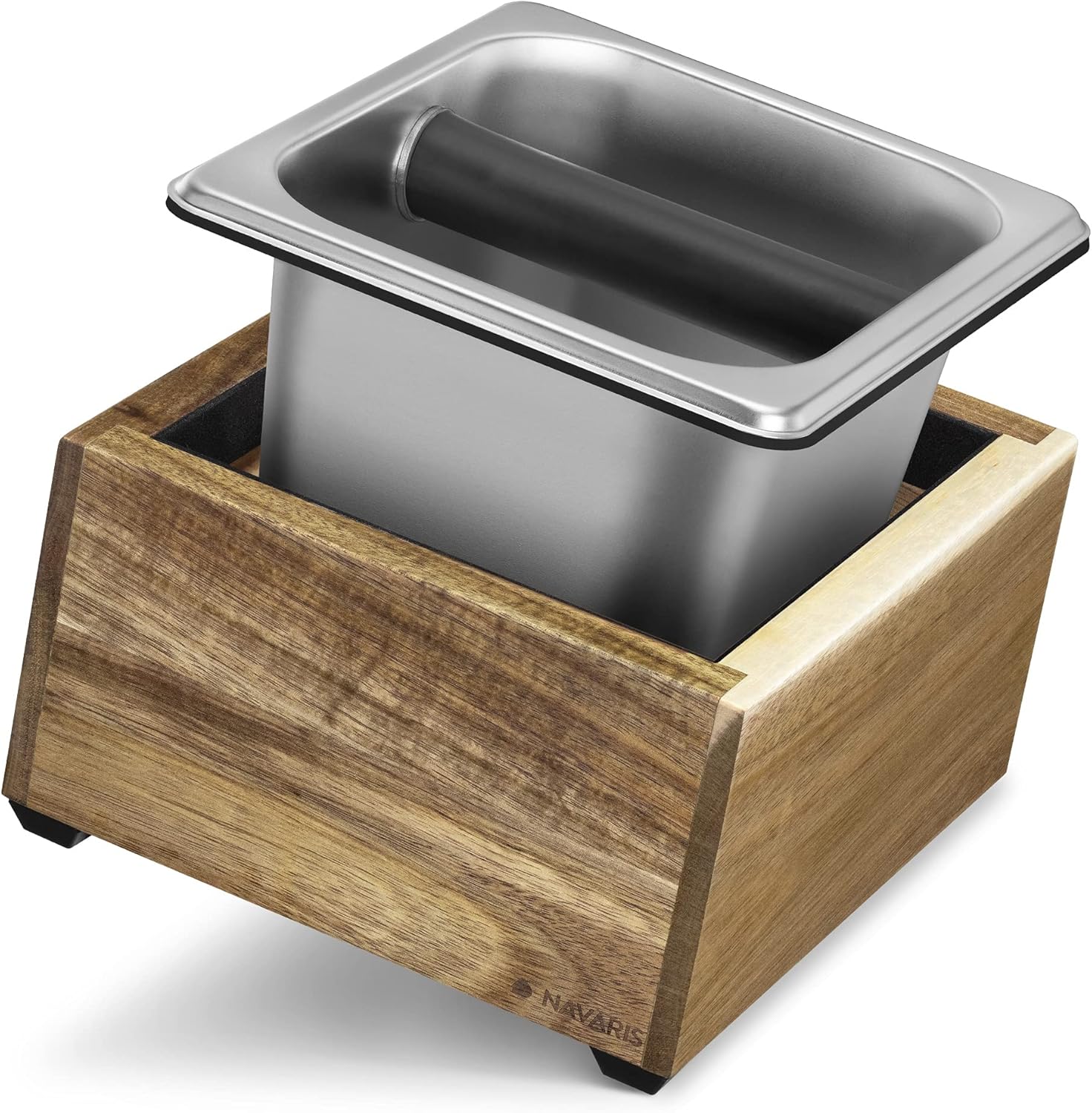 Navaris Coffee Knock Box - Stainless Steel and Wood Bin for Espresso Machine Coffee Grounds - With Silicone Bar for Knocking Portafilter Filter Grinds