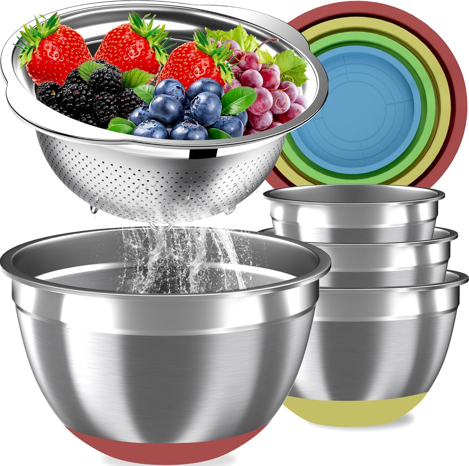 Mixing Bowls with Airtight Lids Set, 4 Stainless Steel Bowls Nesting Bowls & Colander, Kitchen Organizers and Storage Non-Slip Bottom, Size 1.5/2.0/2.5/4.5QT, Great for Mixing & Serving, Multicolor