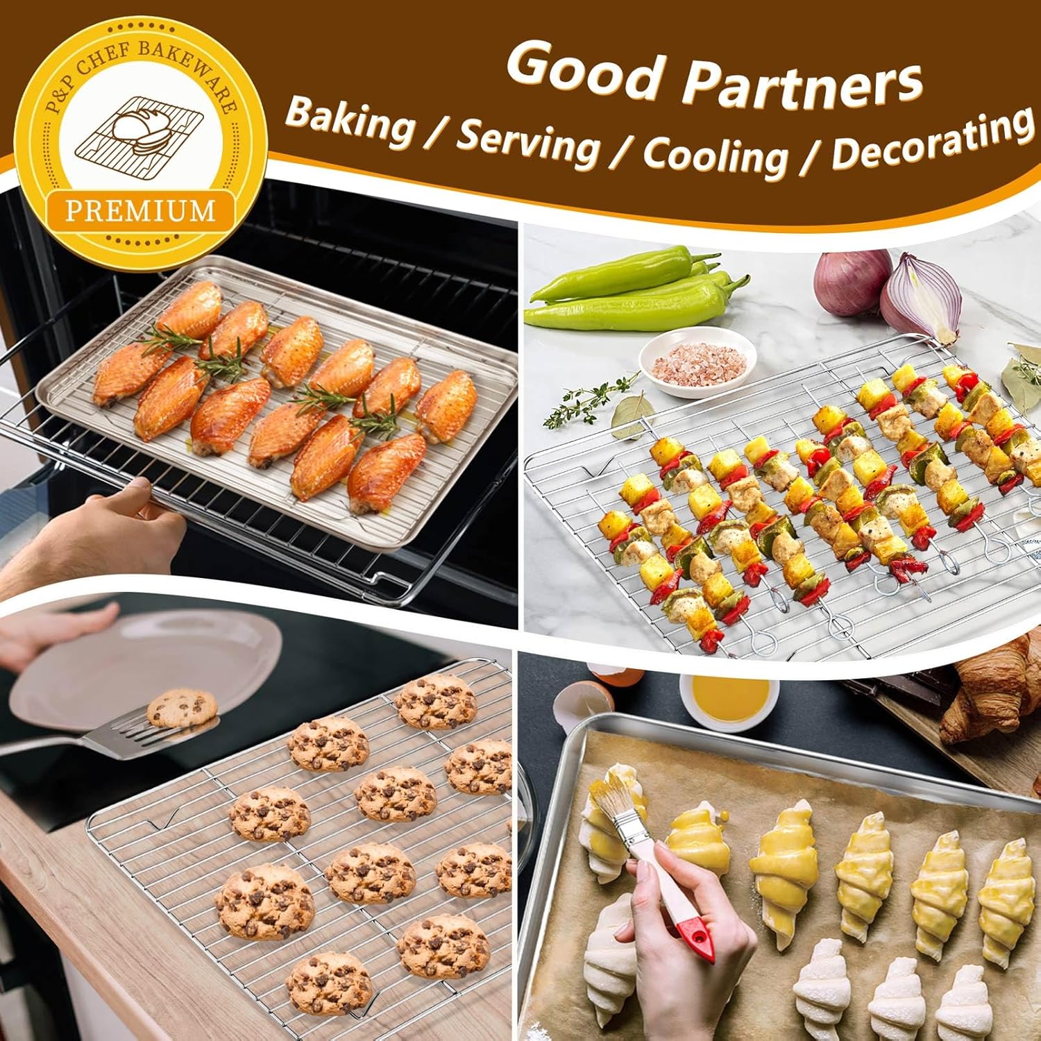 P&P CHEF 16 + 12.5 Inch Stainless Steel Baking Sheet with Rack Set (2 Pans+ 2 Racks), Cookie Sheets Baking Trays and Cooling Wire Racks, Oven & Dishwasher Safe, Pans with Flat Racks