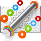 17" Stainless Steel Rolling Pin with 4 Adjustable Thickness Rings and Baking Mat for Dough, Pizza, Pies, Pastries, Pasta, Cookies (Black Mat)