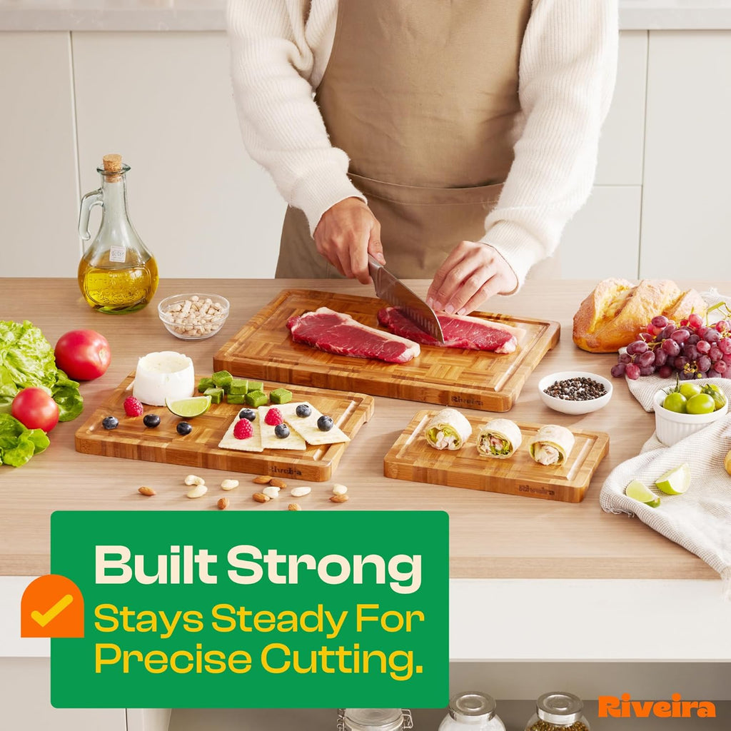 Riveira Bamboo End Grain Wood Cutting Board – Versatile And Durable: Set Of 3 Pcs Wooden Cutting Boards – Natural Wooden Cutting Boards For Kitchen Set – Complete Bamboo End Grain Cutting Board
